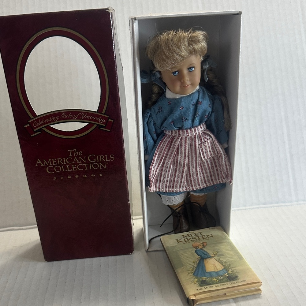 American Girl Doll with Blue Dress and Red Apron